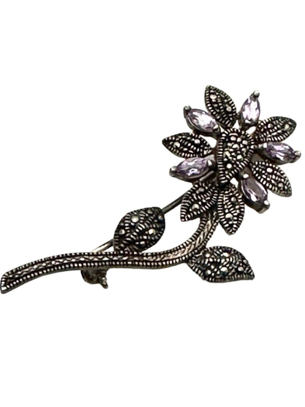 Vintage Flower Brooch Pin Sterling Silver Purple CZ Marcasite